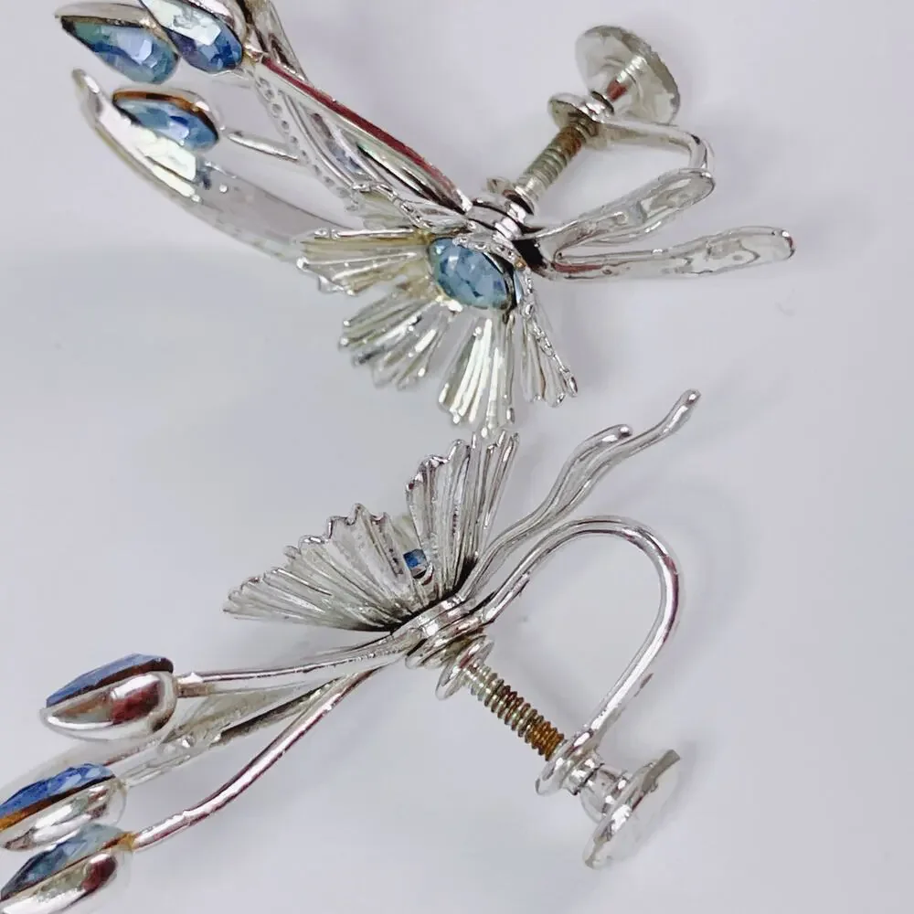Vintage Mid Century Floral Spray Earrings Silver Tone Blue Rhinestone Screwback
